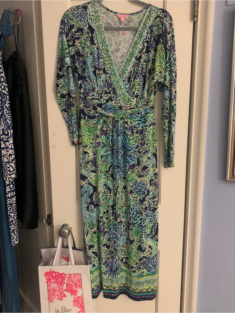 Lilly Pulitzer Navy, Green, and Teal Long Sleeve Wrap Maxi Dress